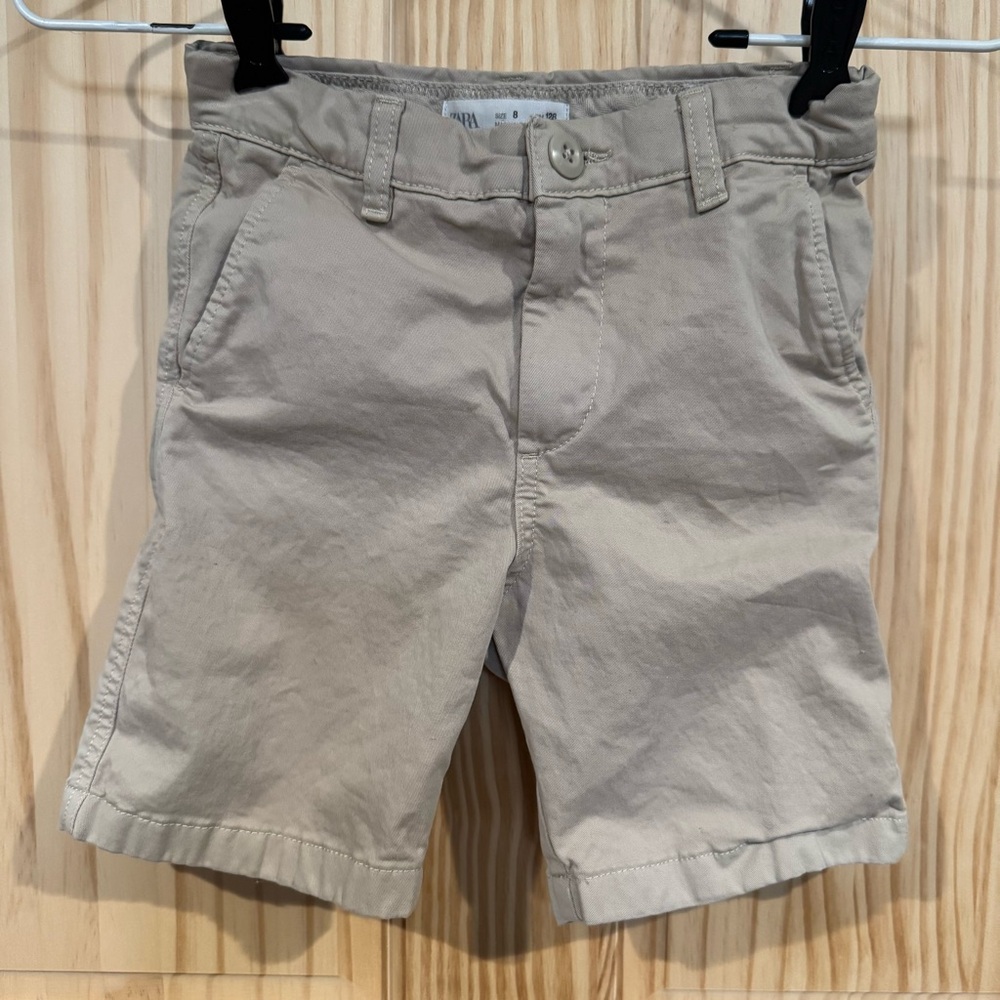 Zara Boys Khaki Chino Shorts Size 8 Tan Cotton Blend Adjustable Waist‎